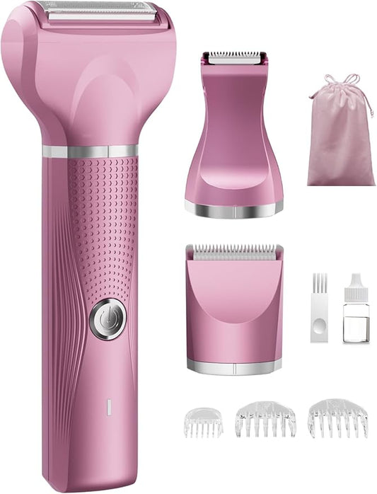 3-in-1 Electric Razor for Women - Waterproof Bikini Trimmer,Rechargeable Electric Shaver for Lady,Pubic Hair Trimmer Women,Personal Trimmer Groomer for Body Hair (Rose Red, RR-2)