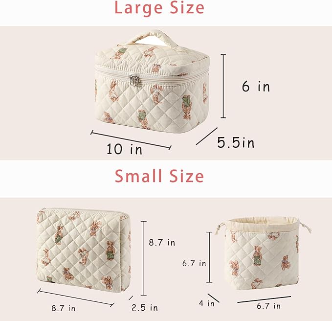 3pcs Large Cotton Quilted Makeup Bag Set,Coquette Aesthetic Cute Travel Toiletry Bag,Drawstring Gift Bag for Women and Girls(3Pcs White Bear)