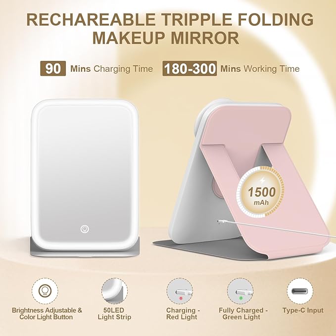 Mocado Travel Makeup Mirro with Lights, 360° Rotation Lighted Makeup Mirror, Portable Mirror with 10x Magnification, 60LEDs 3 Color Lightings, Dimmable Touch Screen, Tabletop Light up Mirror(Pink)