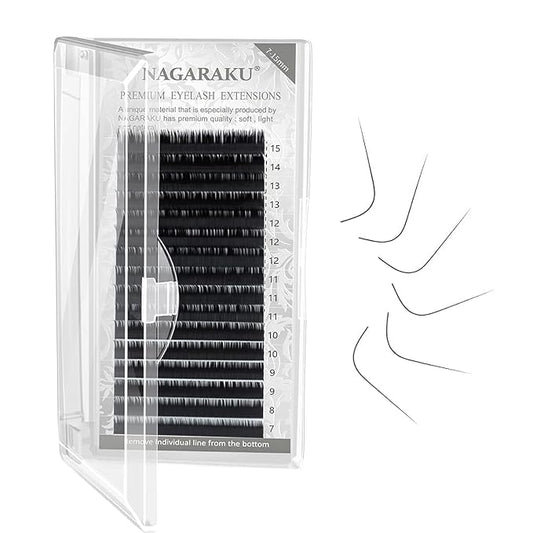 NAGARAKU Eyelash Extensions Individual Lashes 0.15 N (M) curl 7-15mm Mix Faux Mink Classic 16 rows Matte Black Soft Natural