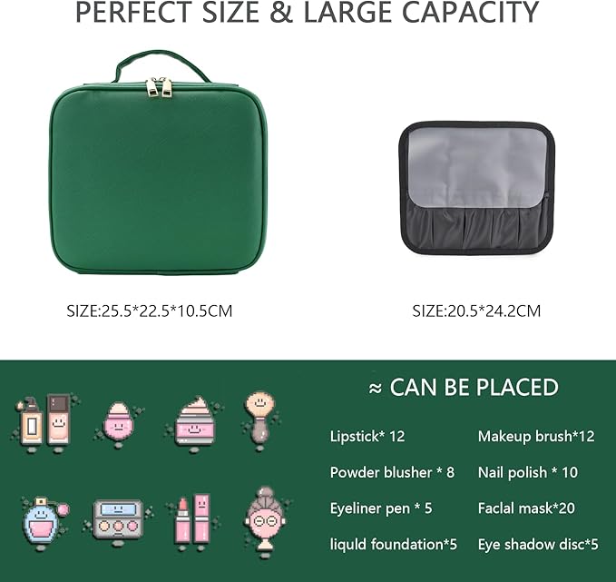 Travel Makeup Bag with LED Lighted Mirror,Cosmetics Organizer, Makeup Bag with 3 Color Lighted Setting, Portable Storage and Adjustable Dividers Travel Makeup Bag(Dark green)