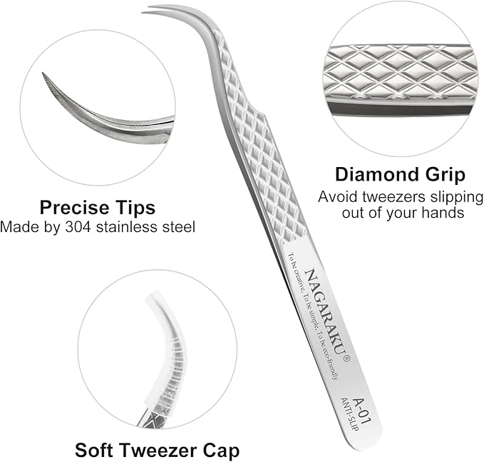 NAGARAKU Eyelash Extension Tweezers Diamond Grip with Pattern on tip Precision Durable Curved Professional for Classic Lash Fanning Volume (A-01)