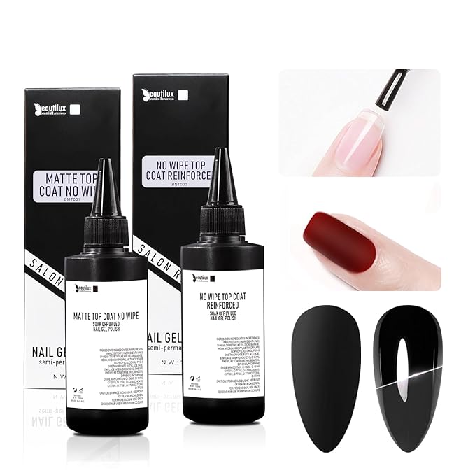 beautilux No Wipe 100ml Gel Top Coat and 100ml No Wipe Matte Top Coat Gel Nail Polish, Large Capacity Clear Top Gel Coat Refill 3.5 fl.oz