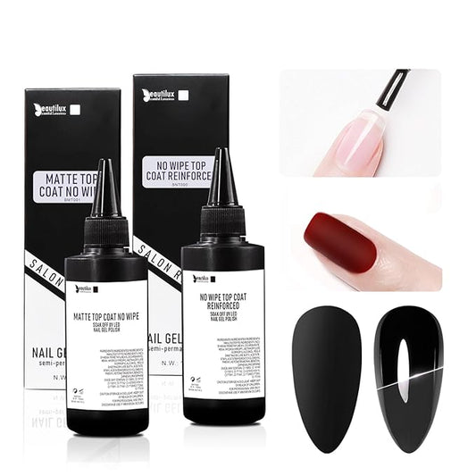 beautilux No Wipe 100ml Gel Top Coat and 100ml No Wipe Matte Top Coat Gel Nail Polish, Large Capacity Clear Top Gel Coat Refill 3.5 fl.oz