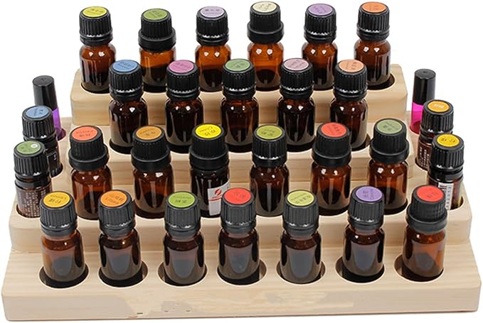 Pure Vie 4 Tier Essential Oil Bottles Wooden Storage Display Stand Travel Display Presentation Holder, Cosmetic Aromatherapy Organizer Rack Nail Polish Fragrance Container - Holds 30 Slots (15 ml)