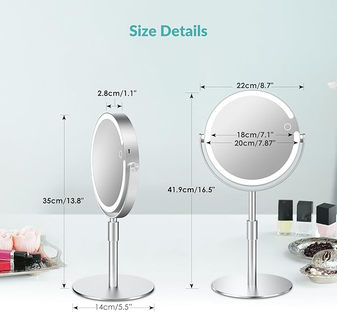Lighted Magnifying Mirror 10X 1X Magnification, Double Sided Makeup Mirror, Rechargeable LED Beauty Mirror with 3 Color Setting, Adjustable Height Vanity Desk Mirror (Silver)