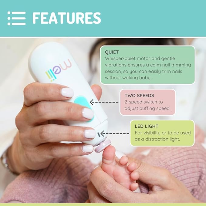 melii Electric Nail File, Safe Trimmer & Clipper for Newborn Babies, Toddlers, Kids & Adults-Comes with Two Speeds and 5 Different Discs
