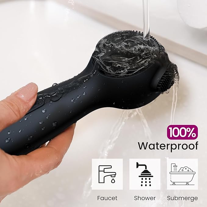 Silicone Face Scrubber Exfoliator Electric for Men Women, Rechargeable Facial Cleansing Brush with Wireless Charging Dock, Waterproof Sonic Vibrating Face Scrub Brush Cleanser for Exfoliating, Black