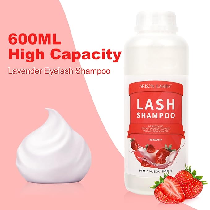 Arison Eyelash Eyelash Extension Shampoo 600ml / Eyelid Foaming Cleanser/Wash for Extensions and Natural Lashes/Paraben & Sulfate Free Safe Makeup & / Professional & Self Use (Strawberry)