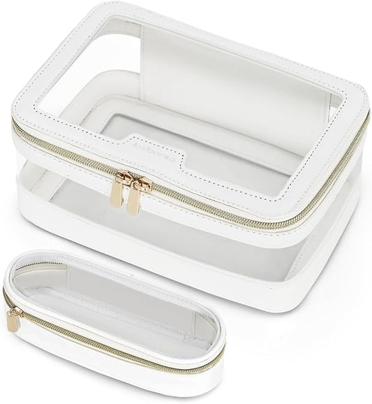 Clear Makeup Bag, Travel Clear Cosmetic Bag and Makeup Brush Bag, Transparent Portable Makeup Case, Waterproof Toiletry Bag with Zipper for Women, White