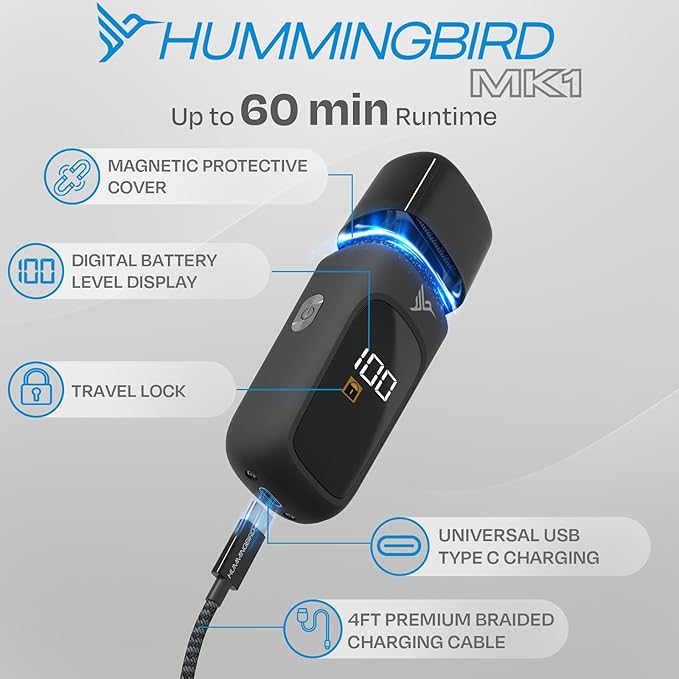 HUMMINGBIRD MK1 Compact Trimmer – Portable Men’s Electric Beard and Body Hair Trimmer, No Nick, No Cut, Cordless USB-C Rechargeable, LED Display, Face and Body Groomer, Travel-Friendly Shaver