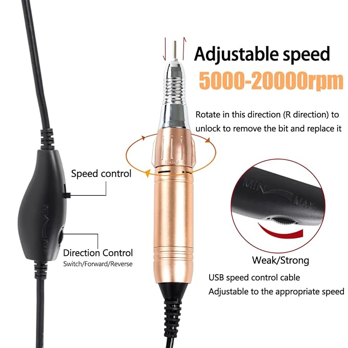 Professional Electric Nail Drill, USB Portable Nail E File Cordless Machine Set for Acrylic Gel Nails, Manicure Pedicure Fast Removal Tool with Nail Drill Bits Sanding Manicure Salon Home (Gold)