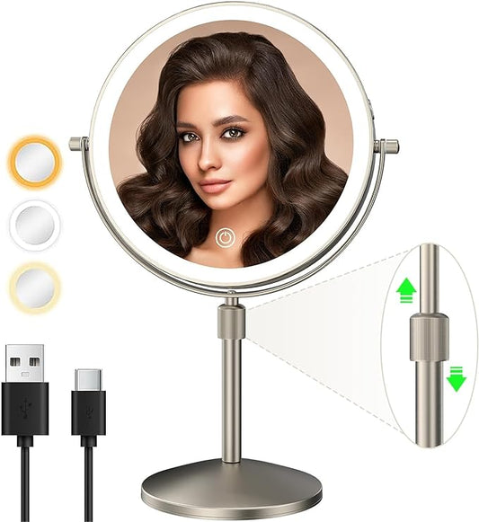 8" Lighted Makeup Mirror, 1X/10X Magnification Mirror with Light, Double Sided Dimmable Mirror, Rechargeable & Brightness & Height Adjustable, Cordless Vanity Mirror(Brushed Nickel)