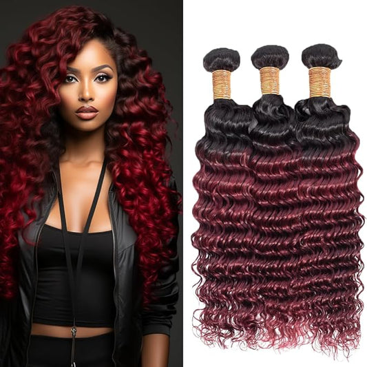 Ombre 1B99j Human Hair Bundles Loose Deep Water Wave Human Hair Black to Burgundy Deep Wave Bundles two tone Brazilian Human Hair Extensions Wet and Wavy for Woman 20 22 22 Inch