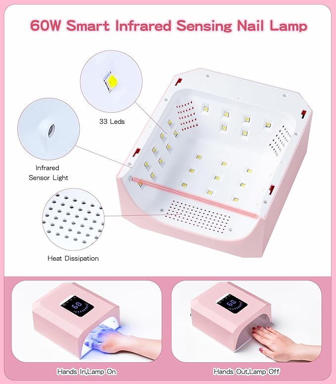 UV Nail Lamp Nail Dryer: Cordless Rechargeable UV Light for Gel Nails, 60W Professional Pink Nail Dryer with 4 Timer Setting & Auto Sensor, Wireless Fast Nail Light Curing Lamp for Salon & Home