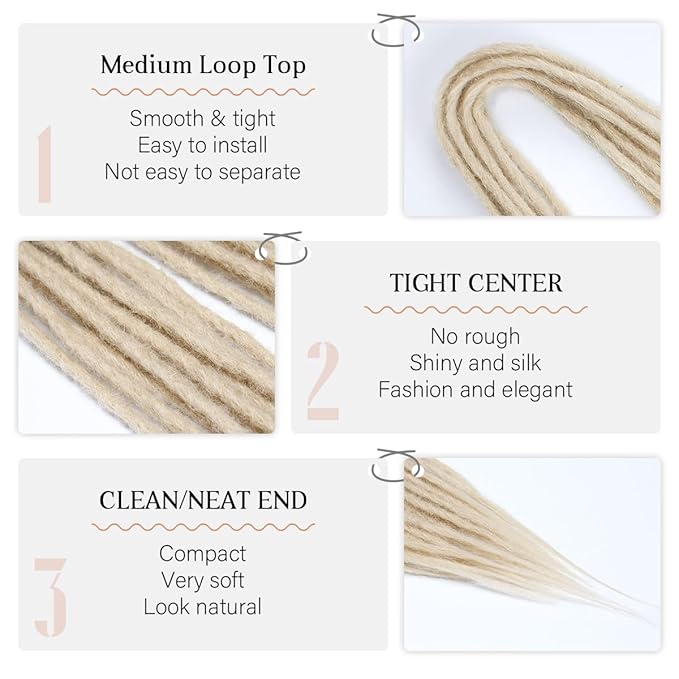 24 In Double Ended Dreadlock Extensions, 613 Blonde 10 Strands Thin 0.6cm Width Synthetic DE Dreads Extensions, 100% Handmade Dreads Hippie Style Dreadlocks for Woman