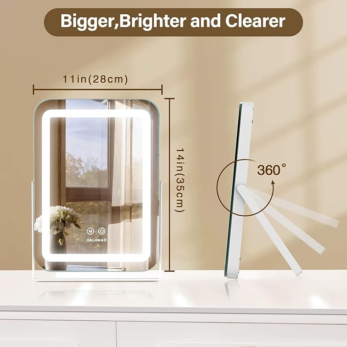 14.5" Rechargeable Vanity Mirror with Lights, 3500 mAh Lighted Makeup Mirror, Smart Touch 3 Colors Dimmable, Tabletop Mirror for Makeup Desk, Memory Function