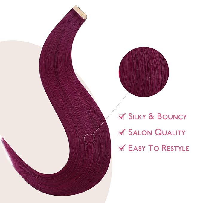 WENNALIFE Tape in Hair Extensions Human Hair Light Burgundy Tape in Extensions, 10pcs 30g 26 inch Remy Invisible Tape Ins Straight Colored Soft Real Human Hair Tape in Extensions Refill Set Extensions