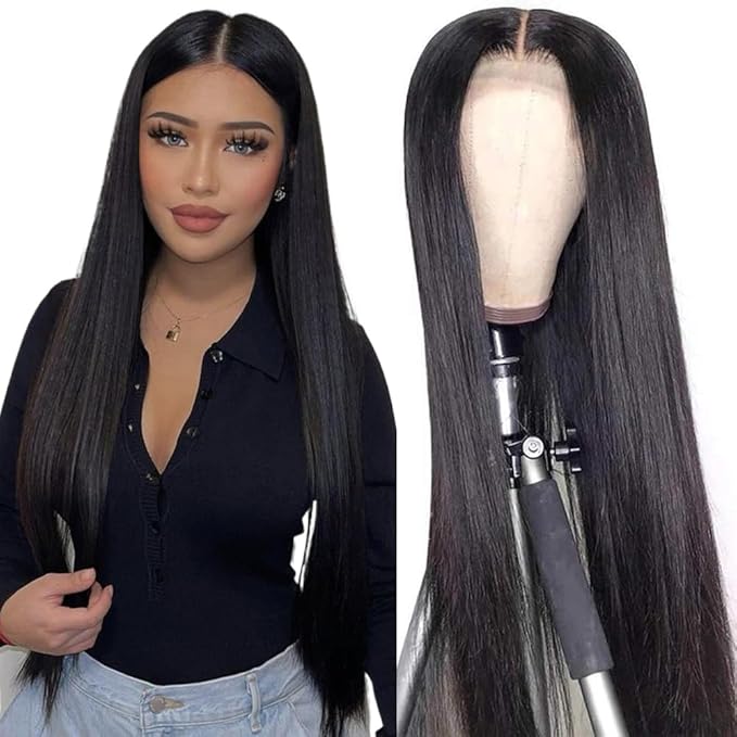 4x4 Lace Front Wigs Human Hair Pre Plucked 150% Density Straight Glueless Lace Frontal Wigs Human Hair for Black Women 4x4 Brazilian Virgin HD Lace Closure Human Hair Wigs with Baby Hair(16 Inch)