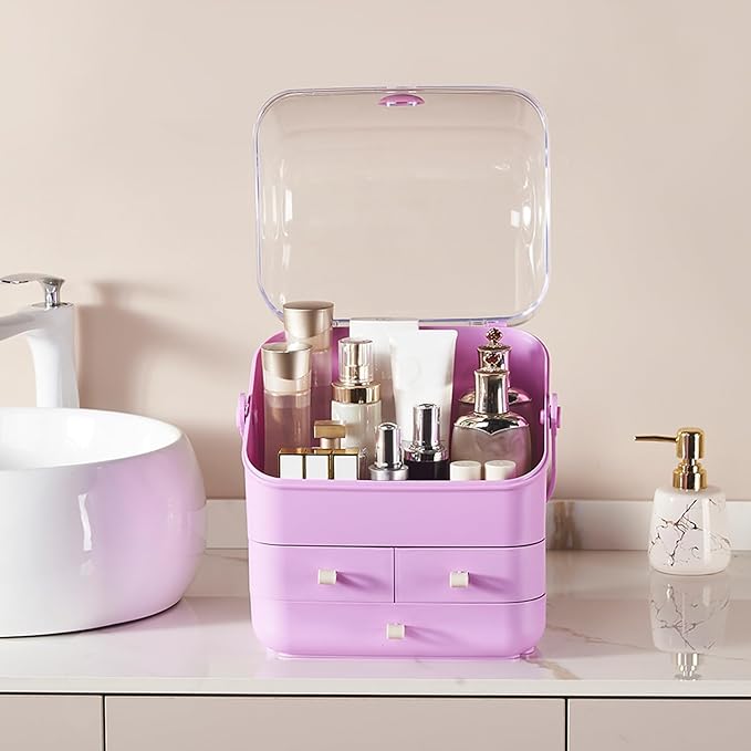 SUNFICON Preppy Skincare Organizers Makeup Organizer Holder Beauty Cosmetic Storage Box Large Display Case Dust Free Cover Portable Handle 2 Rroomy Drawers Gift Great For Bathroom Countertop Purple