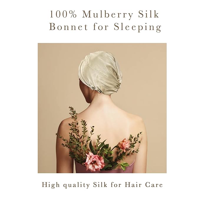 Simnice Mulberry Silk Sleep Bonnet for Women – Hair Care, Soft Natural Silk Hair Bonnet with Elastic Band,Prevents Hair Damage & Frizz ，Beige