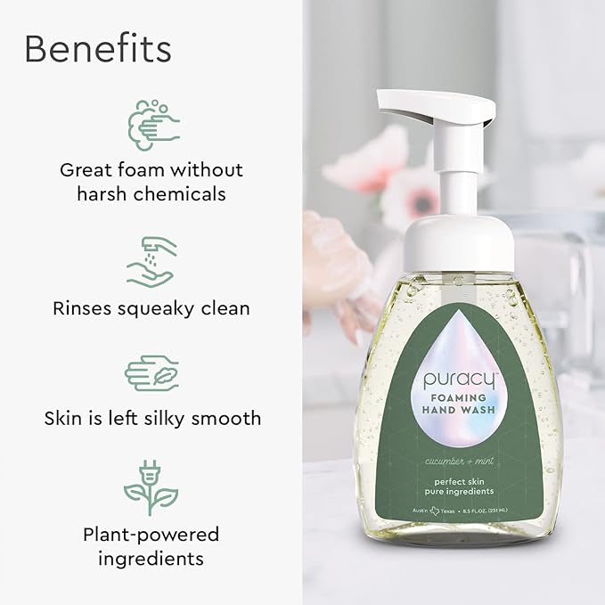 Puracy Foaming Hand Soap - Plant-Powered Natural Hand Soap As Seen on TikTok, Non-Toxic, Sulfate-Free Liquid Soap, Moisturizing Foam Handwash Liquid (Cucumber & Mint, 12 fl oz, 3-Pack)