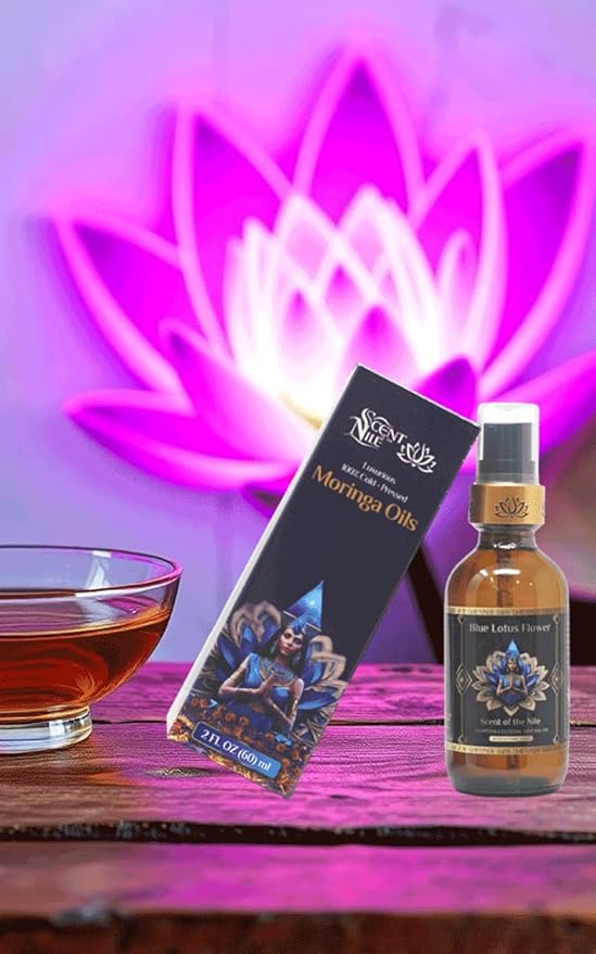 Pure Organic Moringa Oil with Blue Lotus Flower & Ormus Gold – Hydrating & Anti-Aging Oil for Skin, Hair & Nails – Premium 100% Cold Pressed Moringa Seed Extraction, Nourishes & Hydrates Skin