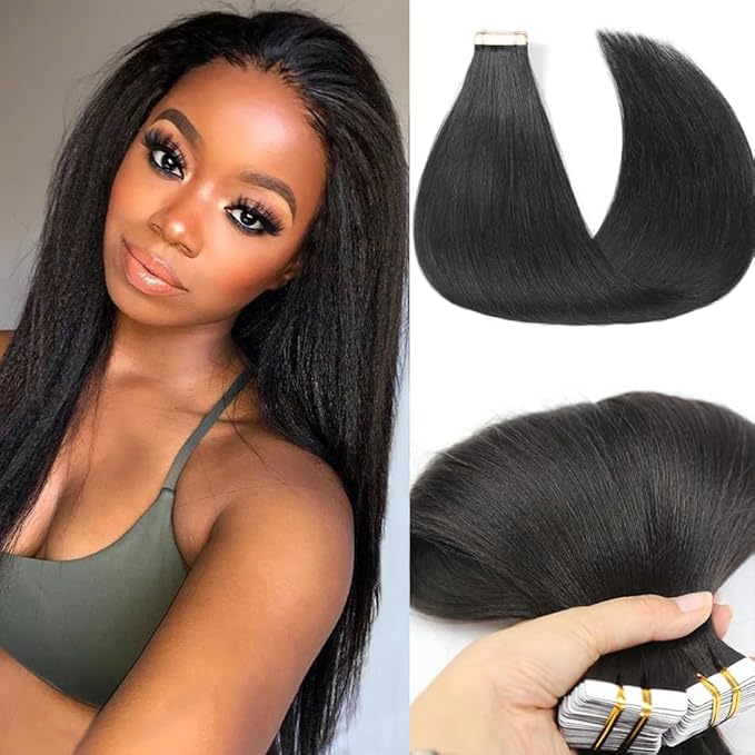 Yaki Tape in Hair Extensions Human Hair for Black Women Light Yaki Straight Seamless Tape in Extensions Real Human Hair 20PCS 50G/Set Skin Weft Invisible Pu Hair Extensions 24Inch Long for Short Hair