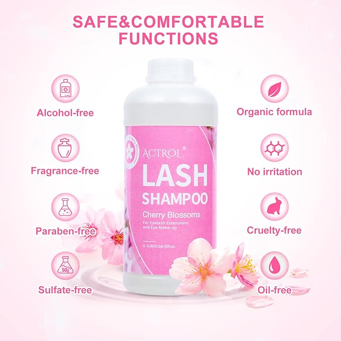 Eyelash Extension Cleanser Cherry Blossom 1L Natural Lash Extension Shampoo Professional Eyelid Foaming Cleanser Paraben & Sulfate Free Non-lrritating with Salon and Home Care