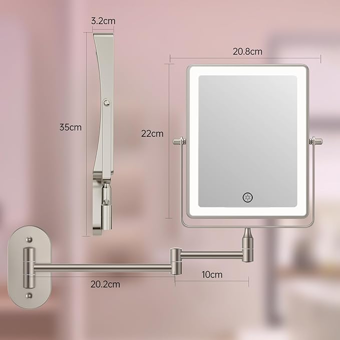 FASCINATE Rechargeable Wall Mounted Makeup Mirror, Bathroom Mirror Rectangle 8.7 Inch Double Sided 1X 10X Magnifying, 3 Color Setting, Extended Arm 360° Swivel Foldable Nichel
