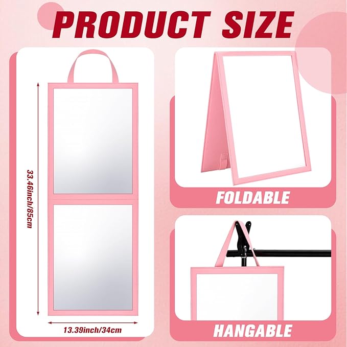 Travel Hanging Mirror 33.5 x 13.4 Inch Dance Bag Mirror Backstage Foldable Hanging Christmas for Gifts Dance Bag Dancers Artists Aestheticians Home Spa Events(Pink)