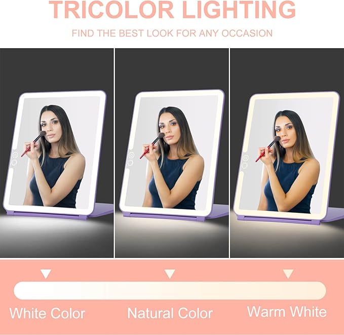 LED Foldable Travel Makeup Mirror - 7x9 inches 3 Colors Light Modes USB Rechargeable Touch Screen, Portable Tabletop Cosmetic Mirror for Travel, Cosmetic, Office (Violet)