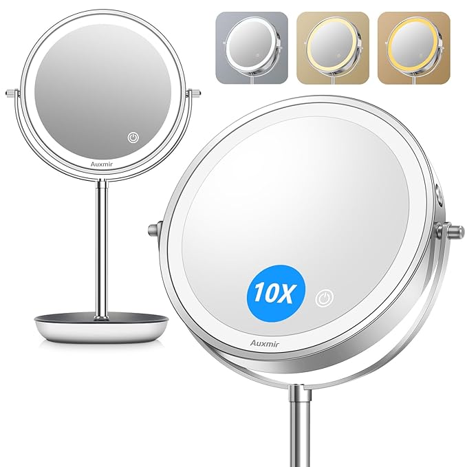 8" Lighted Makeup Mirror Rechargeable 1X/10X Magnifying Mirror with 3 Dimmable Colors Light, Double Sided Vanity Mirror with Stand, 360° Rotation Touch Screen Tabletop, Chrome
