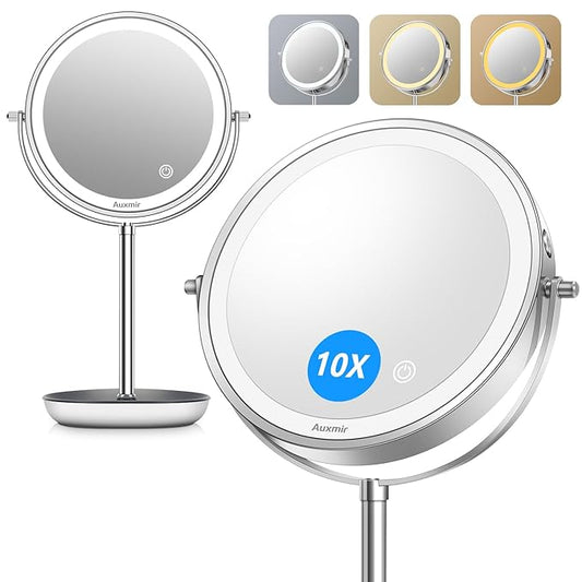 8" Lighted Makeup Mirror Rechargeable 1X/10X Magnifying Mirror with 3 Dimmable Colors Light, Double Sided Vanity Mirror with Stand, 360° Rotation Touch Screen Tabletop, Chrome