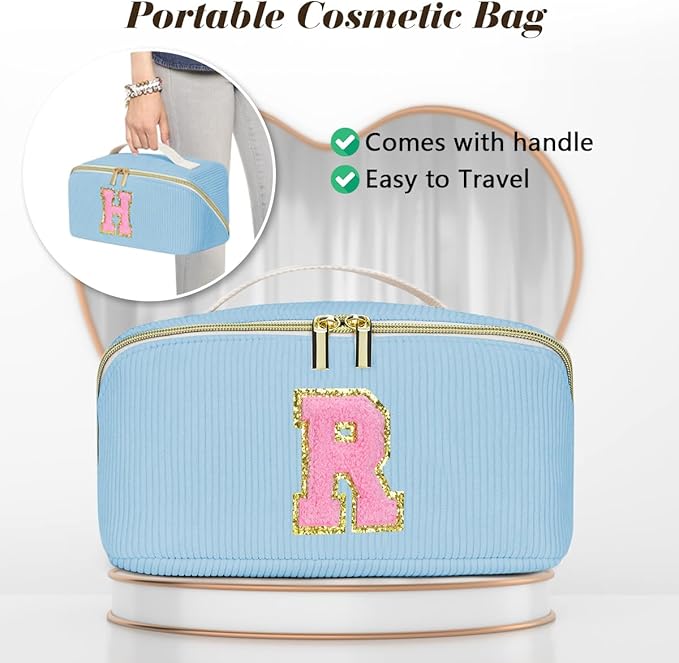 Gifts for Girls, Initial Travel Makeup Bag Women's Day Gift Make up Bag Cosmetic Bags Monther's Day Gifts, Personalized Stuff Bag Cute Makeup Bag Birthday Gifts for Women/Friend/Mother Blue - U