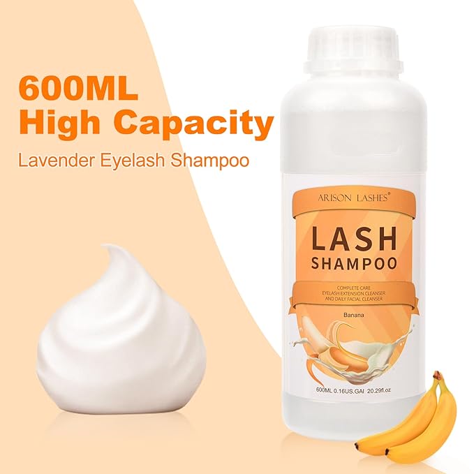 Arison Eyelash Eyelash Extension Shampoo 600ml / Eyelid Foaming Cleanser/Wash for Extensions and Natural Lashes/Paraben & Sulfate Free Safe Makeup & / Professional & Self Use (Banana)