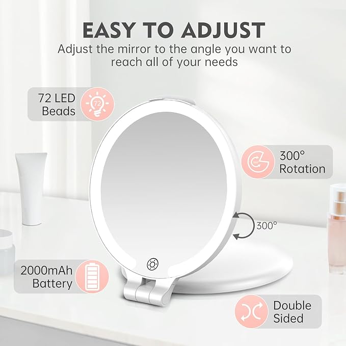 FUNTOUCH 7'' Travel Makeup Mirror with Lights 10X Magnifying, 3 Color Portable Double Side Vanity Mirror with Rechargeable for Travel Essential, Gifts for Women
