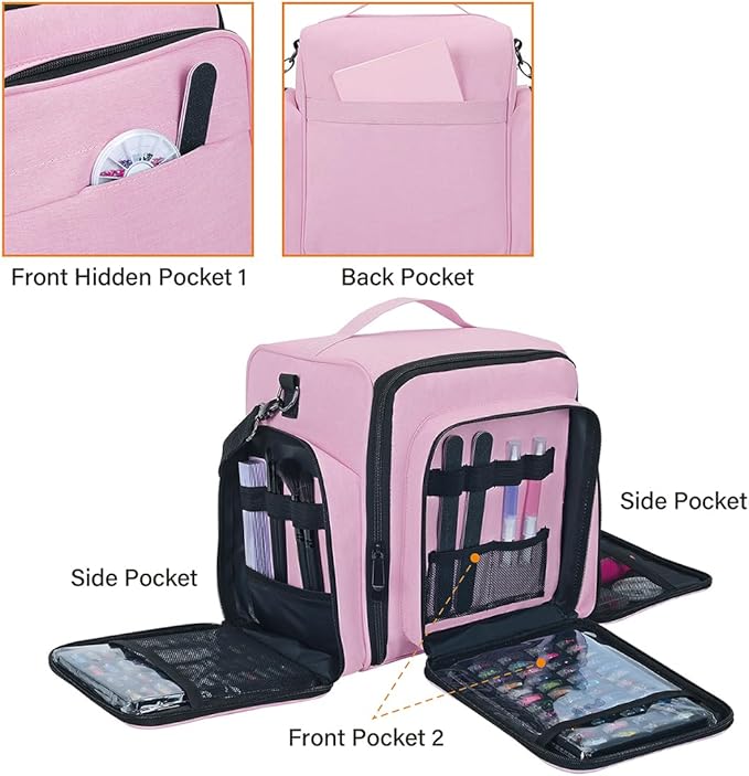 Nail Polish Organizer Case Holds 60 Bottles Portable Travel Storage Box with 2 Detachable Bags, Designed for Women's Nail Tools, Essential Oils and Cosmetics Sets Pink