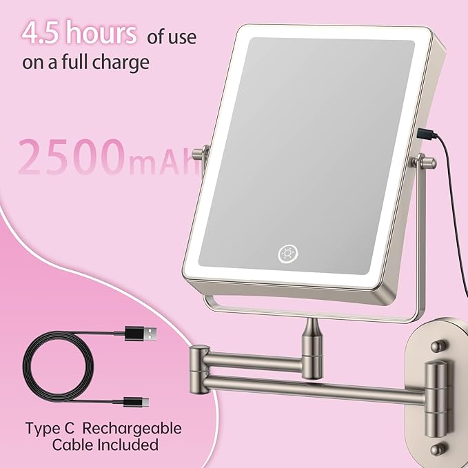 FASCINATE Rechargeable Wall Mounted Makeup Mirror, Bathroom Mirror Rectangle 8.7 Inch Double Sided 1X 10X Magnifying, 3 Color Setting, Extended Arm 360° Swivel Foldable Nichel