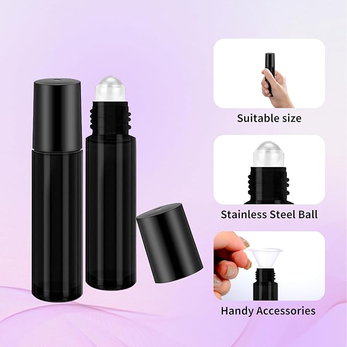 150 Pcs Essential Oil Roller Bottles 10 ml Leakproof Empty Glass Roll on Bottles with Stainless Steel Roller Balls with 20 Funnels 20 Droppers for Travel Perfume Essential Oil (Black)