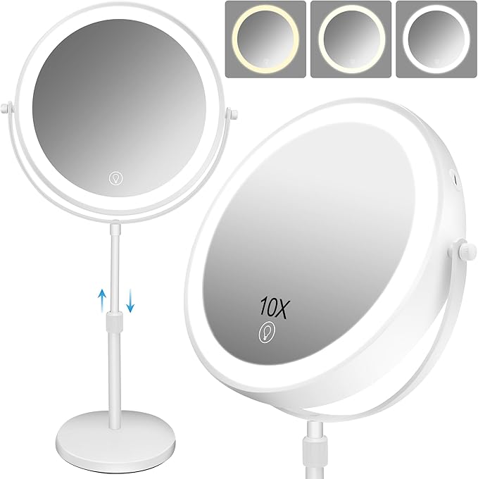 10x Large Lighted Makeup Mirror, Rechargeable 8.7" Double-Sided Vanity Mirror with 3 Color Dimmable Lights, 1X/10X Height Adjustable Magnifying Mirror, 360° Swivel, for Women Girl(White)
