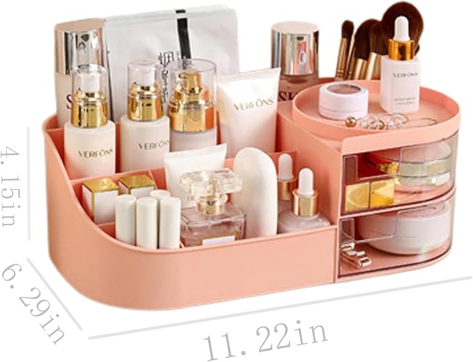 skin care organizer,Makeup Desk Organizer With Drawers,Countertop Organizer for Cosmetics,Vanity brush with Holder for Lipstick, Brushes, Eyeshadow, and Desktop Finishing Dresser (D-pink)