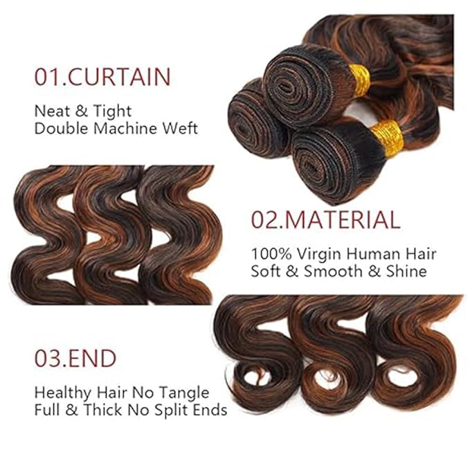 P1B/30 Body Wave Bundles Highlight Body Wave Human Hair Bundles Black and Light Brown two tone Brazilian Human Hair Soft and Silky for Black Women 08 10 12 Inch