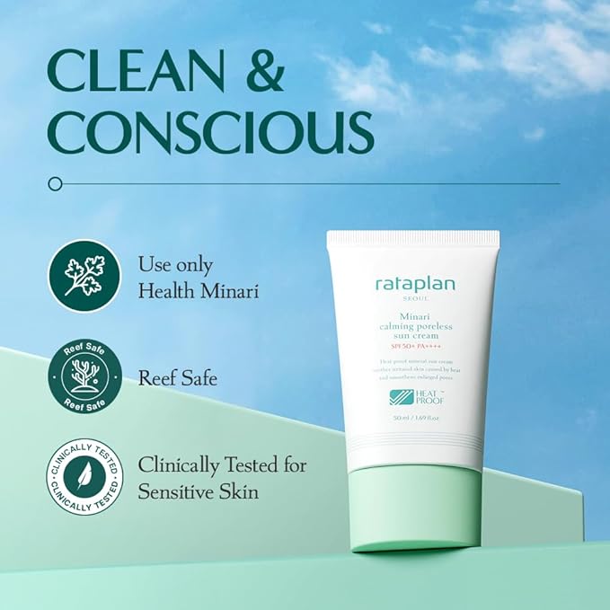 Rataplan Minari Calming Poreless Sun Cream SPF 50+ PA++++ (2 Pack)- Mineral Sunscreen, Korean Sunscreen for Oily Skin, Pore Minimizer for Face, Reef Safe, Korean Skincare