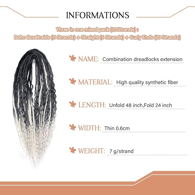 24 Inch Double Ended Dreadlock Extensions Sets, 20 Strands 3 In 1 Mixed Synthetic Dreads Extensions, Gray to White Straight&Curly&Boho Handmade Dreads Hippie Style Dreadlocks for Woman