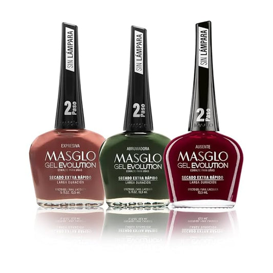 MASGLO Gel Evolution – Set of 3 Nail Polishes No UV/LED Lamp Needed, Fast-Drying, 12-Day Wear, 14-Free Formula, High-Gloss Finish, vegan (0.5 oz Each)