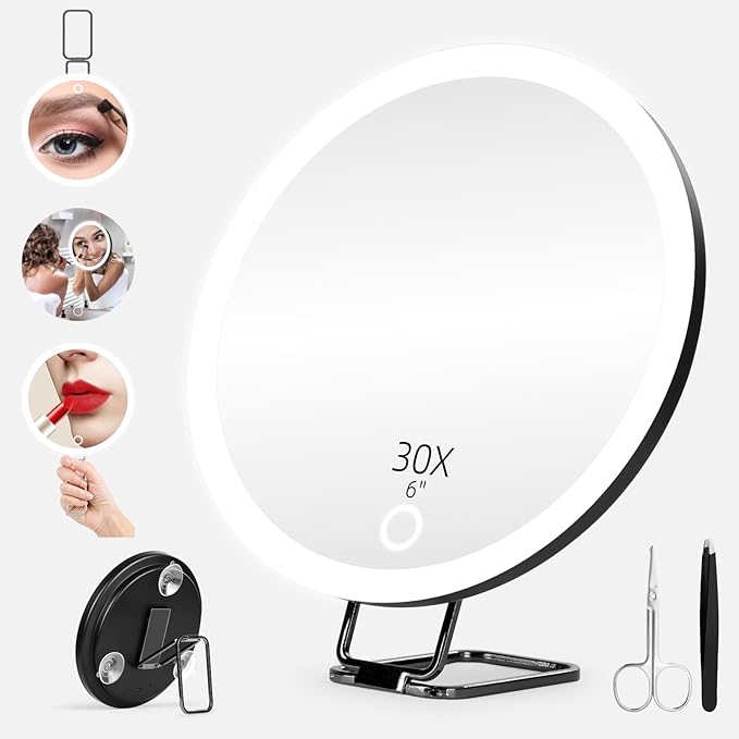 30X Magnifying Mirror with Light, Large 6'' Magnifying Makeup Mirror with Light 30x, Travel Mirror with 30X High Magnification Compact 30x Magnified Mirror with Light, 3 Suction Cup & Adjustable Stand
