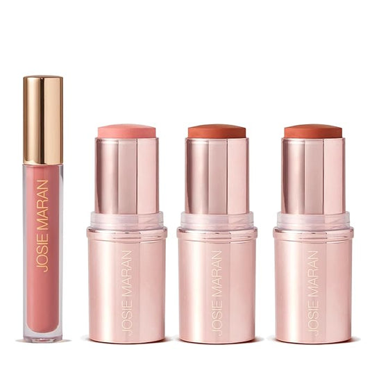 Josie Maran Color Stick & Lip Gloss Makeup Set - Argan Oil-Based Makeup Balm for Lips, Cheeks & Eyes + Hyaluronic Acid Infused Plumping Lip Gloss (4 Piece Set)