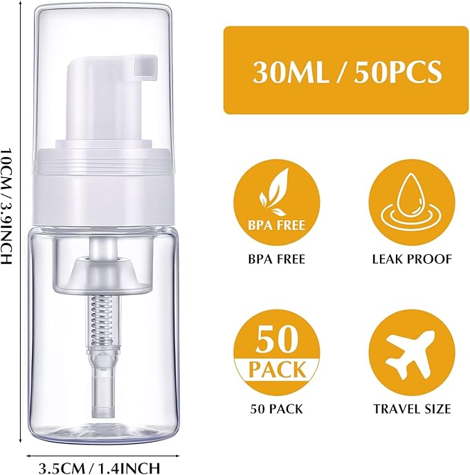 50 Pack Foam Pump 1oz/30ml Refillable Dispenser Travel Size Plastic Mini Bottle for Lash Shampoo, Cleaning, Cosmetics - Portable Clear Foaming Packaging