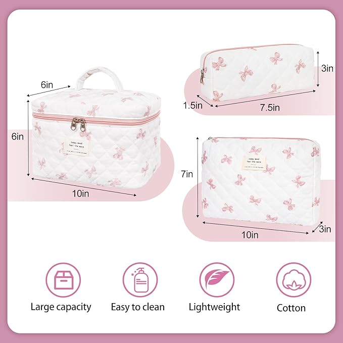 Quilted Makeup Bag,Large Cosmetics Bag Set,Coquette Floral Make up Pouch,Travel Toiletry Bag for Women